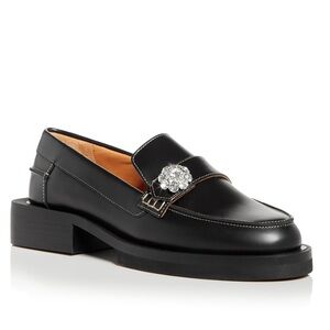 GANNI 37 7 Leather Loafers With Rhinestone Appliqués Crystal-Embellished Moc EUC